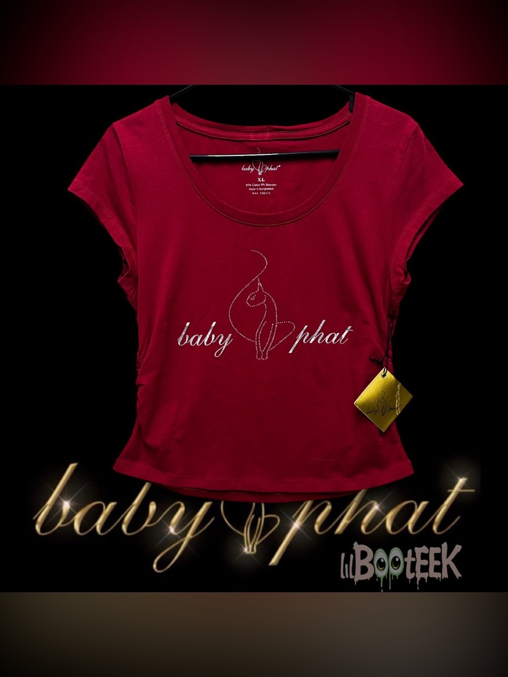 Baby Phat XL Rio Red Rhinestone Cat Logo Ruched Sides Baby Tee NEW Viral Y2K